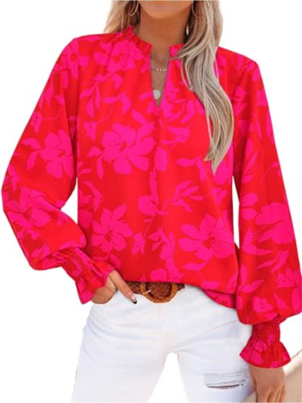 Womens V Neck Floral Puff Sleeve Chiffon Boho Work Blouse